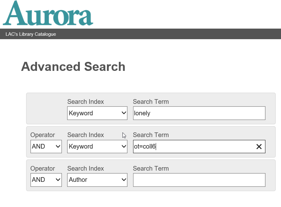 Advanced Search page showing a search box with multiple keyword search fields. The second keyword search box contains the text ot=coll6