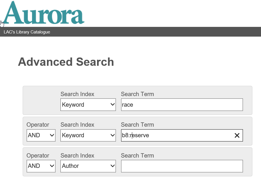 Advanced Search page showing a search box with multiple keyword search fields. The second keyword search box contains the text b8:reserve