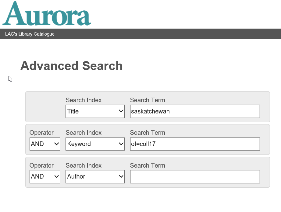 Advanced Search page showing a search box with multiple keyword search fields. The second keyword search box contains the text ot=coll17