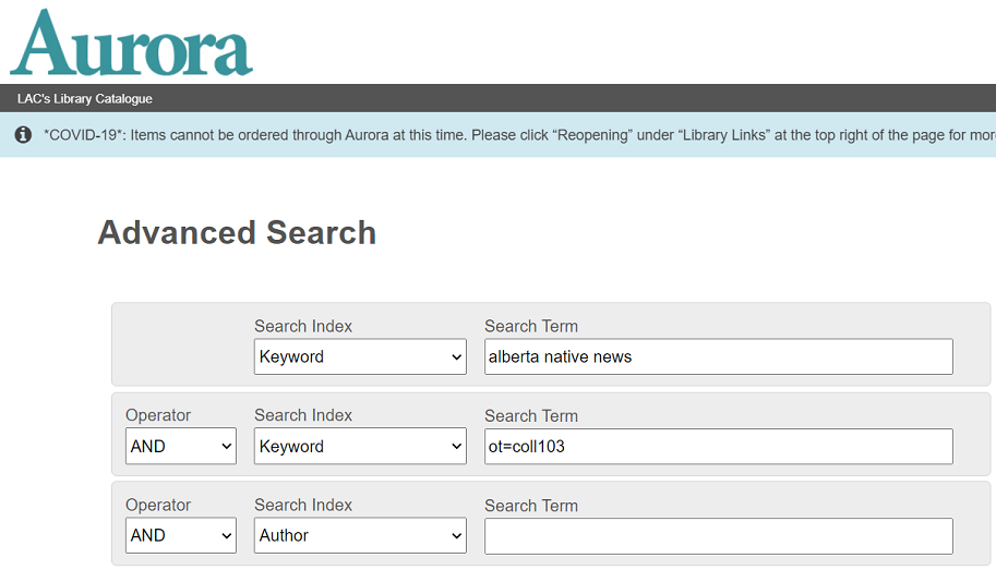 Advanced Search page showing a search box with multiple keyword search fields. The second keyword search box contains the text ot=coll103