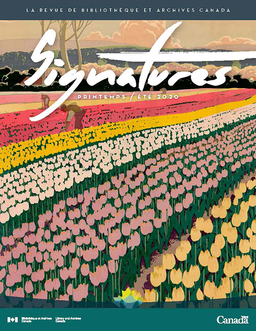 Couverture de la revue Signatures printemps-été 2020 montrant une illustration polychrome d'un champs de tulipes multicolores au coucher du soleil