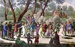 Gravure avec aquarelle représentant une scène joyeuse où adultes et enfants dansent en plein-air.