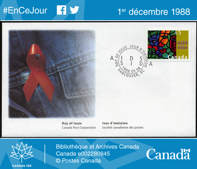 Enveloppe arborant un ruban rouge, symbole reconnu mondialement pour sensibiliser la population au VIH/sida, ainsi qu’un timbre commémoratif émis à l’occasion de la XIe Conférence internationale sur le SIDA, tenue à Vancouver, en Colombie-Britannique, du 7 au 12 juillet 1996.