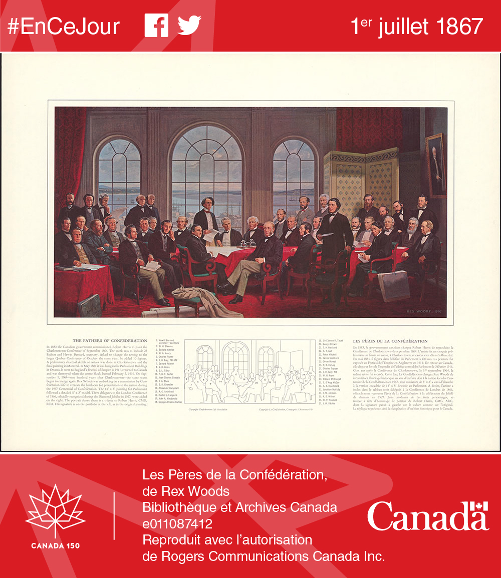 Photo d'une reproduction d'une peinture à l'huile réalisée par Rex Woods, en 1967. Elle illustre les délégués à la Conférence de Québec de 1864, au cours de laquelle le fondement de l'Acte de l'Amérique du Nord britannique a été discuté et formulé.