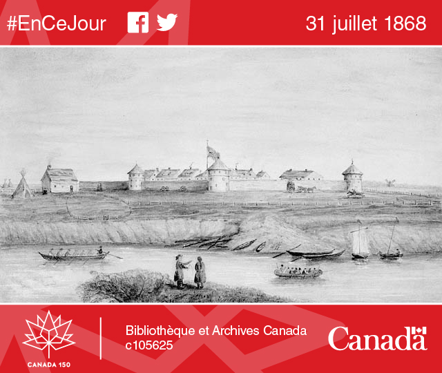 Aquarelle de Fort Garry, Terre de Rupert, 19 mars 1858. Source : Bibliothèque et Archives Canada, c105625