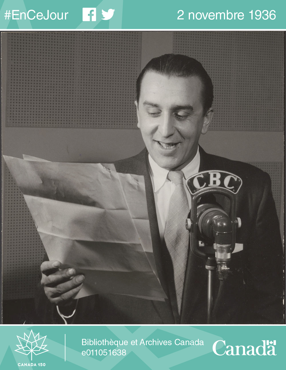 Photo de Jean-Paul Nolet, annonceur de la Société Radio-Canada (SRC), vers 1930-1960.