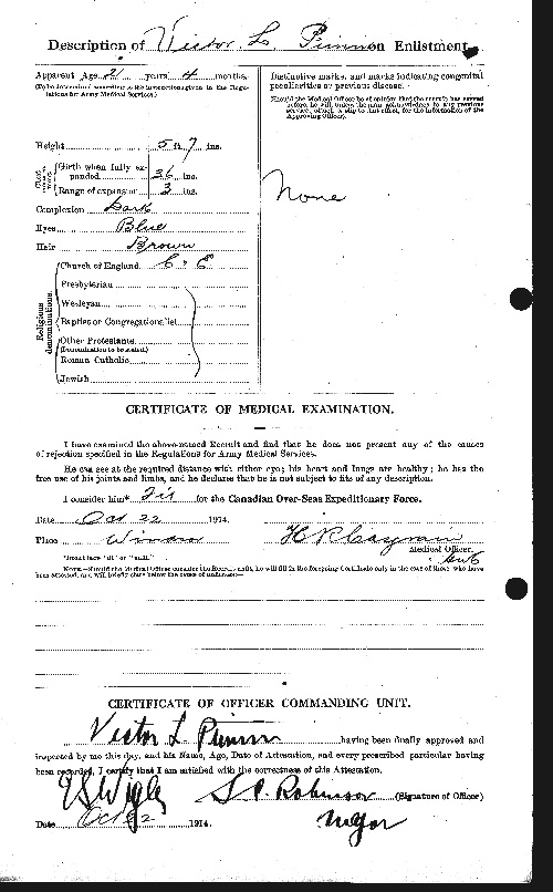 Documents d'attestation et formulaires d'enrôlement pour Victor. L. Pimm